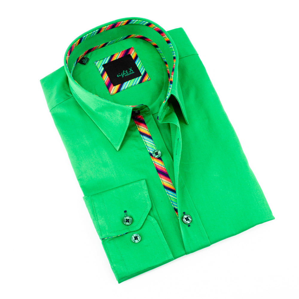 Green Shirt With Colorful Trim Long Sleeve Button Down EightX   