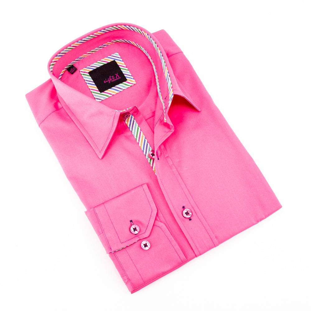 Pink Shirt With Colorful Trim Long Sleeve Button Down EightX   