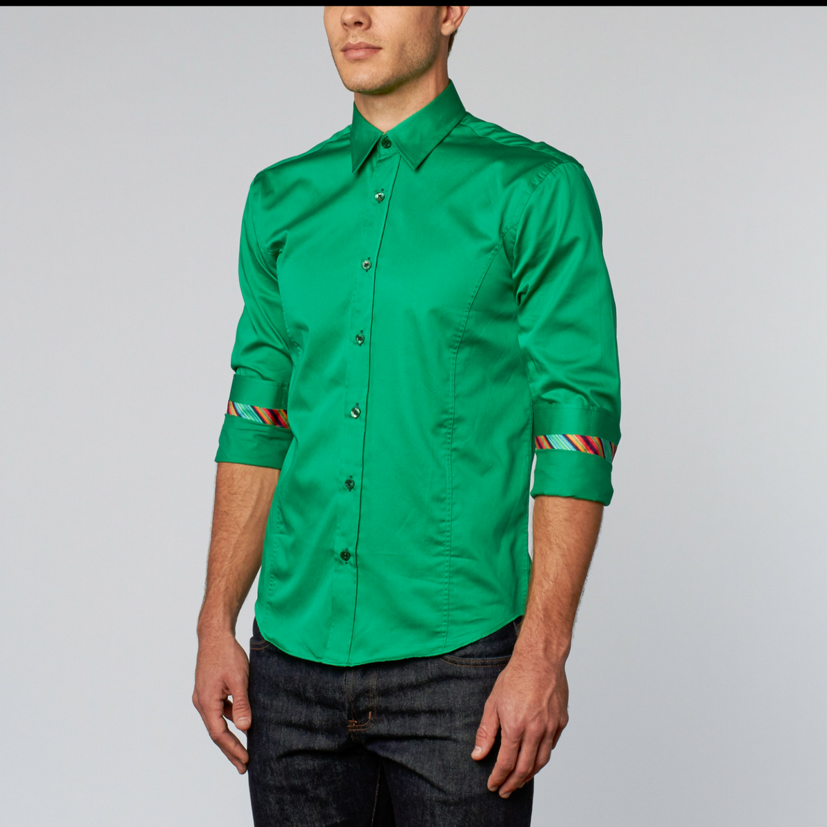 Green Shirt With Colorful Trim Long Sleeve Button Down EightX   