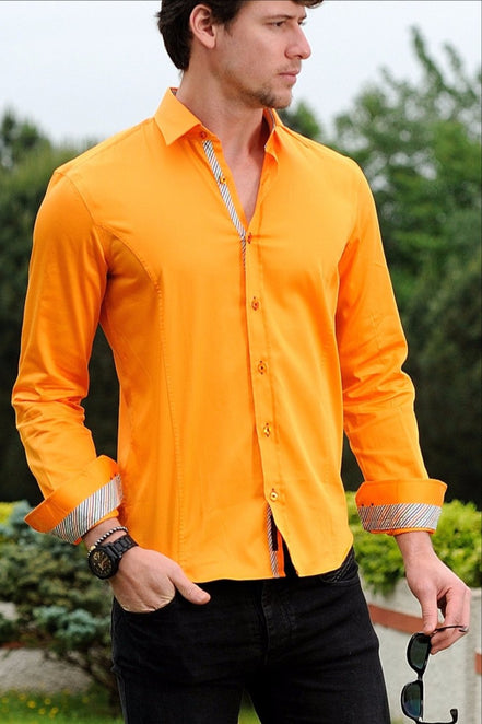 Orange Shirt With Colorful Trim Long Sleeve Button Down EightX   