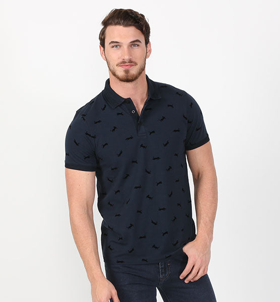 Navy Cheetah Flocking Polo Polos EightX   