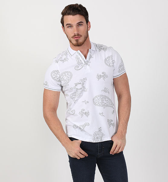 White Paisley Flocking Polo Polos EightX   