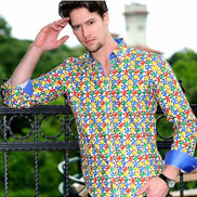 Puzzle Digital Print Shirt With Trim Long Sleeve Button Down EightX   