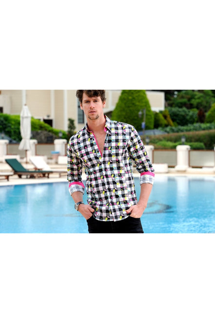 Paint Splash Digital Print Shirt With Trim Long Sleeve Button Down EightX   
