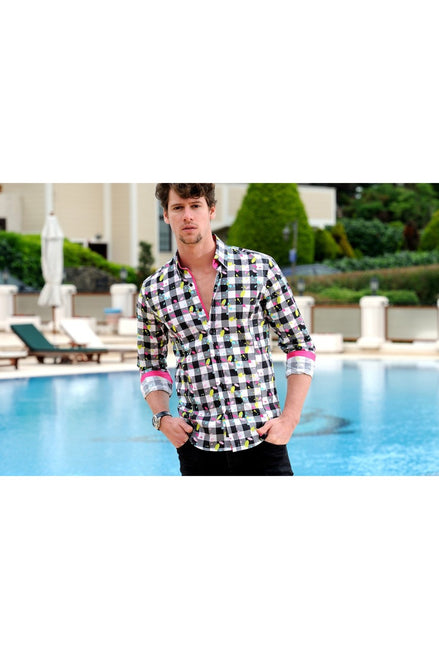 Paint Splash Digital Print Shirt With Trim Long Sleeve Button Down EightX   