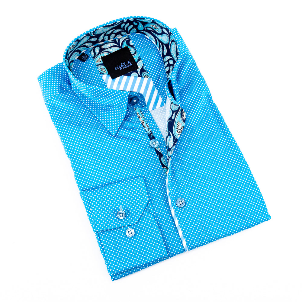 Turquoise Polka Dot Shirt With Paisley Trim Long Sleeve Button Down EightX   