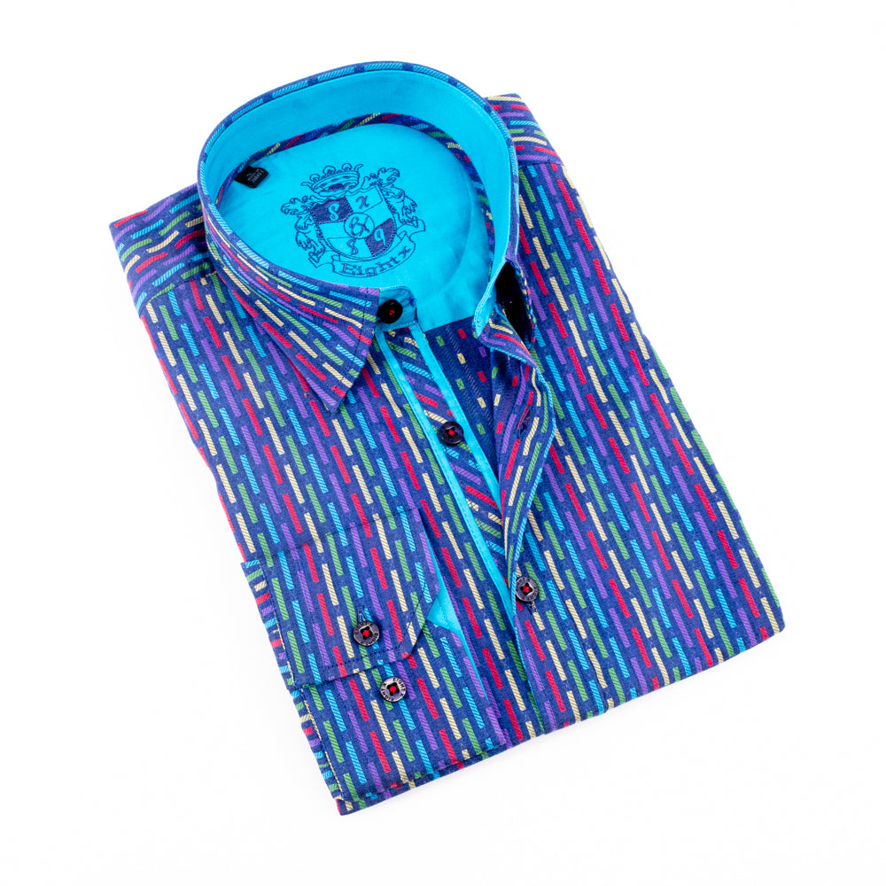 Jacquard Pattern Shirt With Blue Trim Long Sleeve Button Down EightX   
