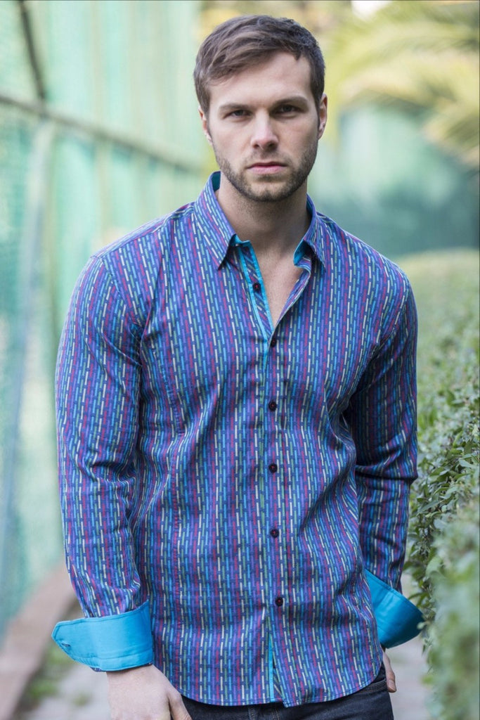 Jacquard Pattern Shirt With Blue Trim Long Sleeve Button Down EightX   