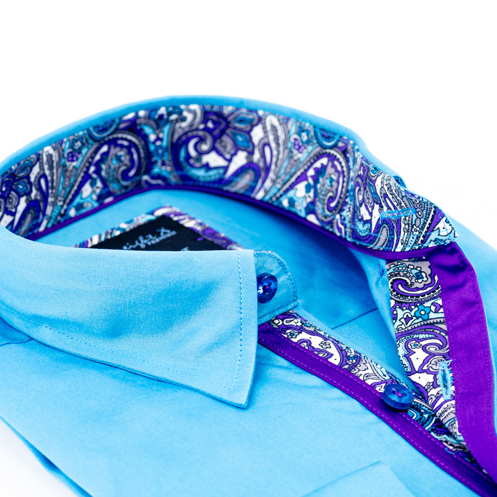 Solid Turquoise Shirt With Paisley Trim Long Sleeve Button Down EightX   