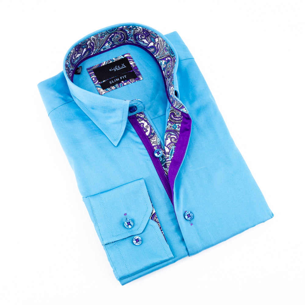 Solid Turquoise Shirt With Paisley Trim Long Sleeve Button Down EightX   