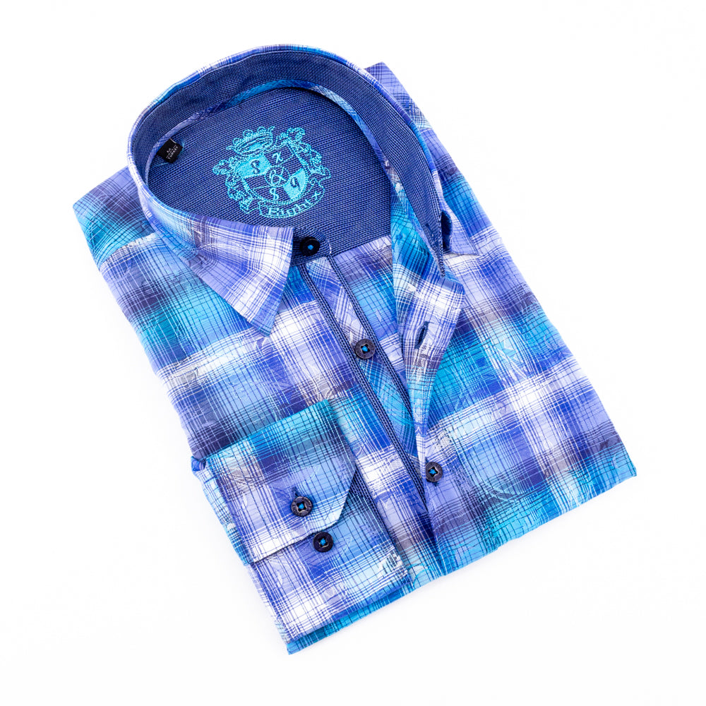 Blue Paisley Over Checkered Jacquard Shirts Long Sleeve Button Down EightX   