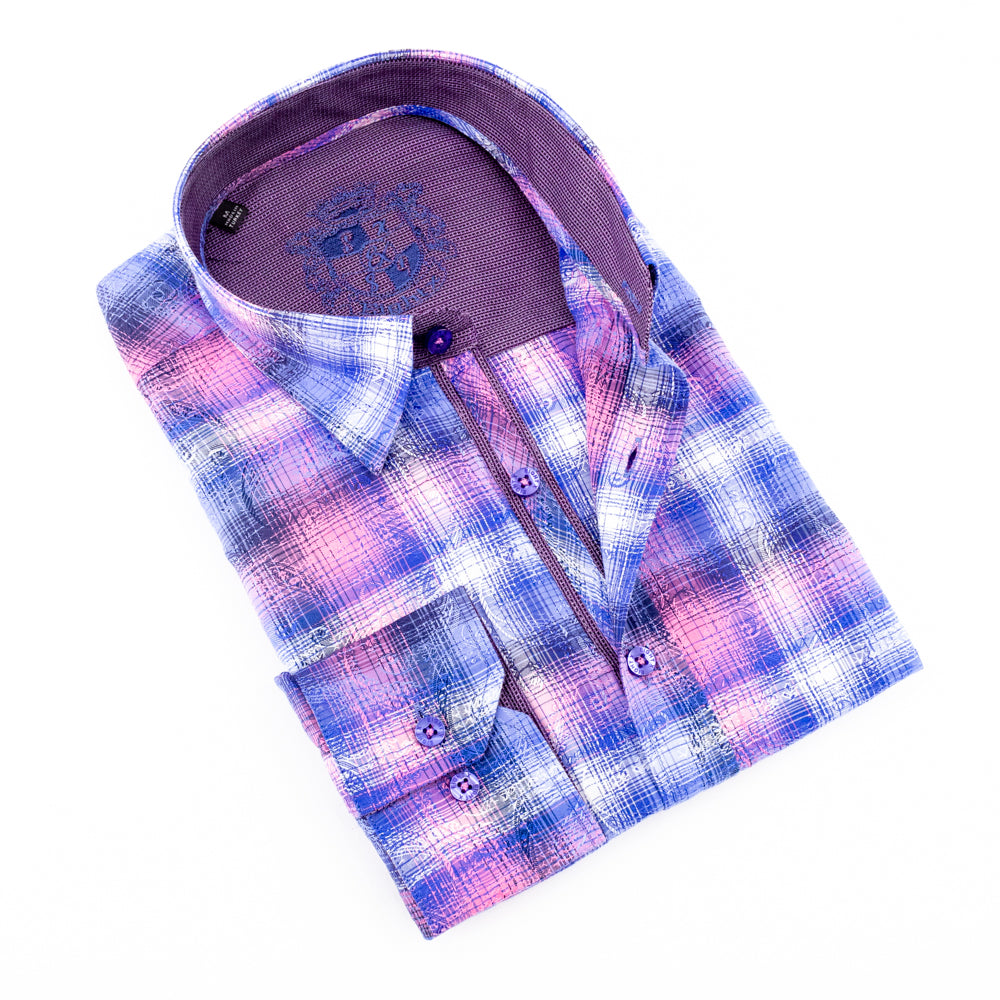 Pink Paisley Over Checkered Jacquard Shirt Long Sleeve Button Down EightX   