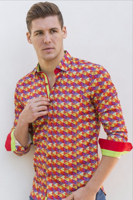 Digital Tri-Shapes Shirt With Red Trim Long Sleeve Button Down EightX   