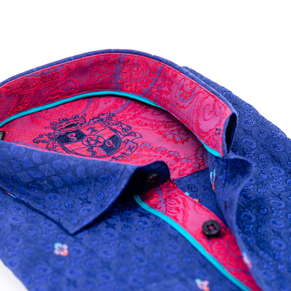 Paisley Jacquard Shirt With Red Trim Long Sleeve Button Down EightX   