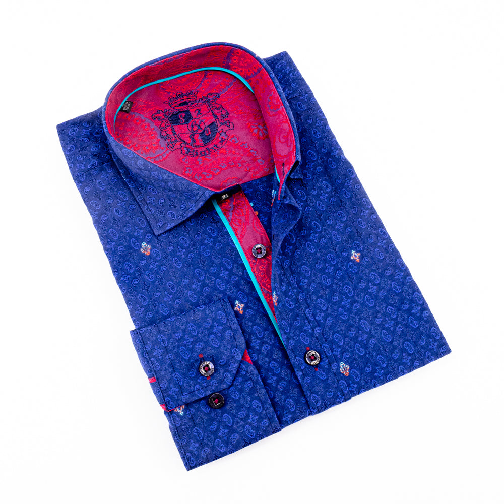 Paisley Jacquard Shirt With Red Trim Long Sleeve Button Down EightX   