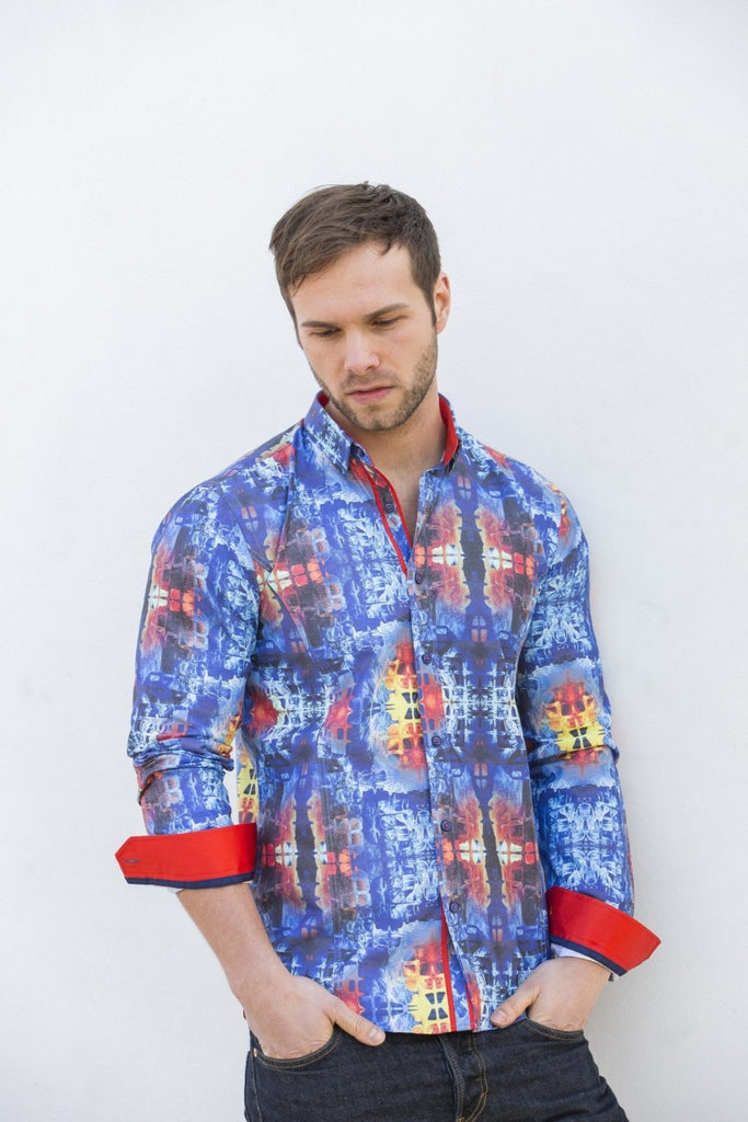 DIGITAL PRINT SHIRT W/ RED TRIM Long Sleeve Button Down EightX   