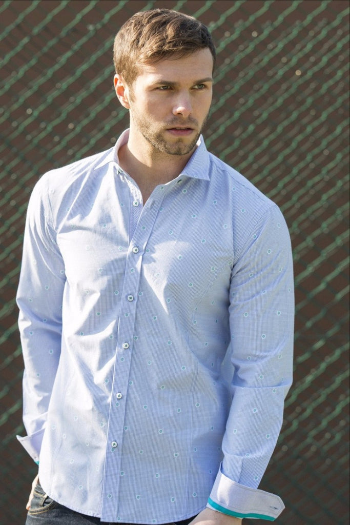 Blue Fill Coupe Shirt With Solid Trim Long Sleeve Button Down EightX   