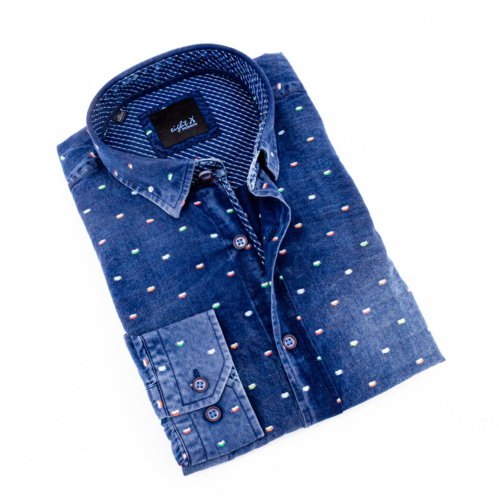 Indigo Fill Coupe Stone Wash Denim Shirt Long Sleeve Button Down EightX   