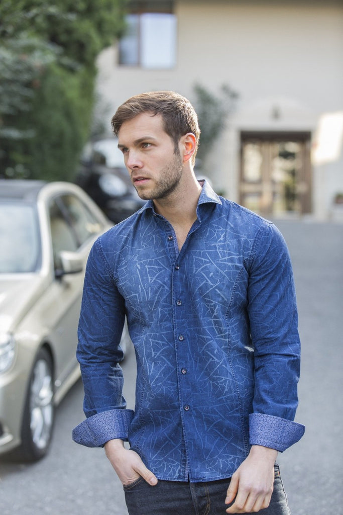 DENIM CRACKLE WASH SHIRT Long Sleeve Button Down EightX   