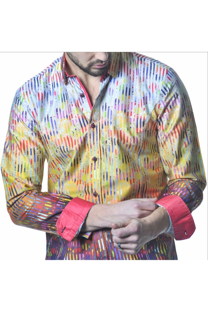 Fuchsia Digital Print Striped Shirt With Trim Long Sleeve Button Down EightX   