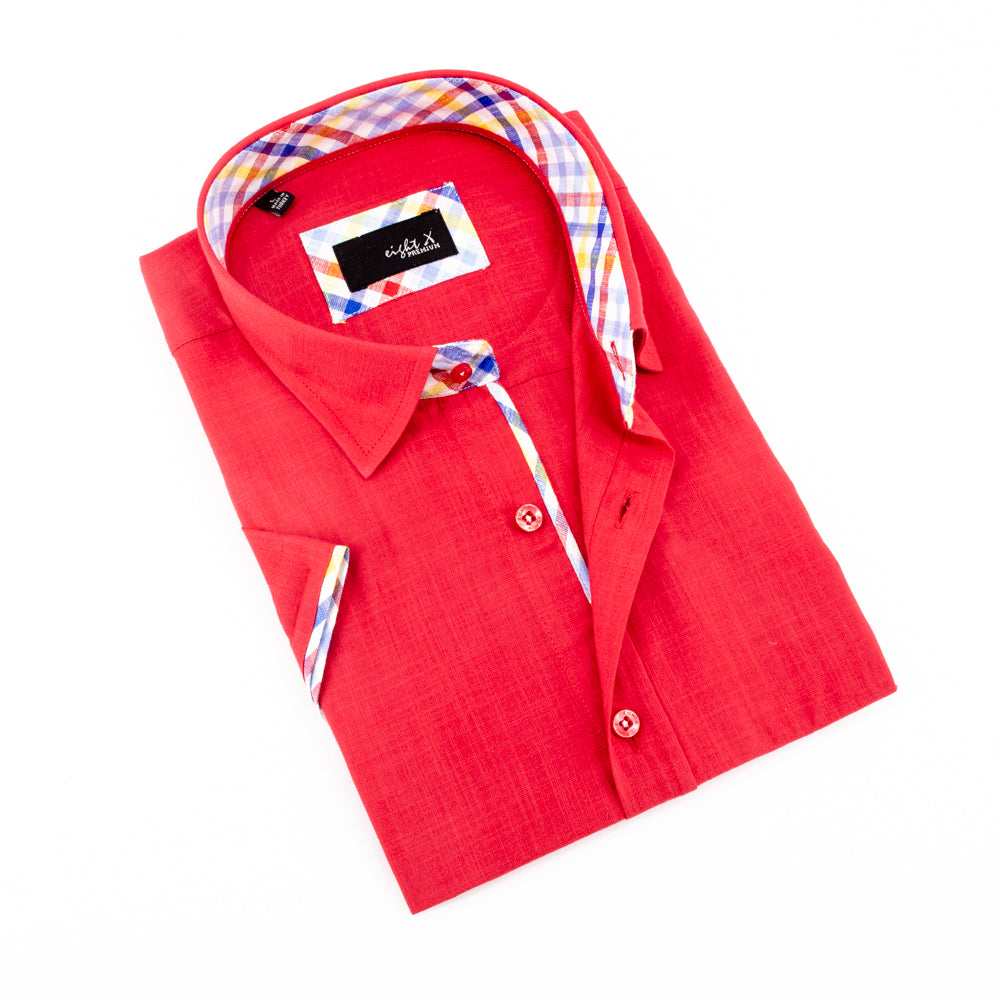 Folded short-sleeve, red linen button-up with pastel-colored gingham trim. Includes red buttons and spread collar. 