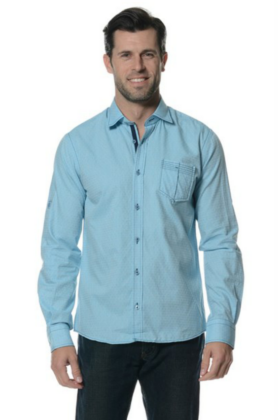 Aqua Jacquard Button Down Shirt W/Pocket Long Sleeve Button Down EightX   