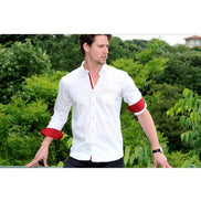 White Jacquard V Shirt W/Pocket Long Sleeve Button Down EightX   