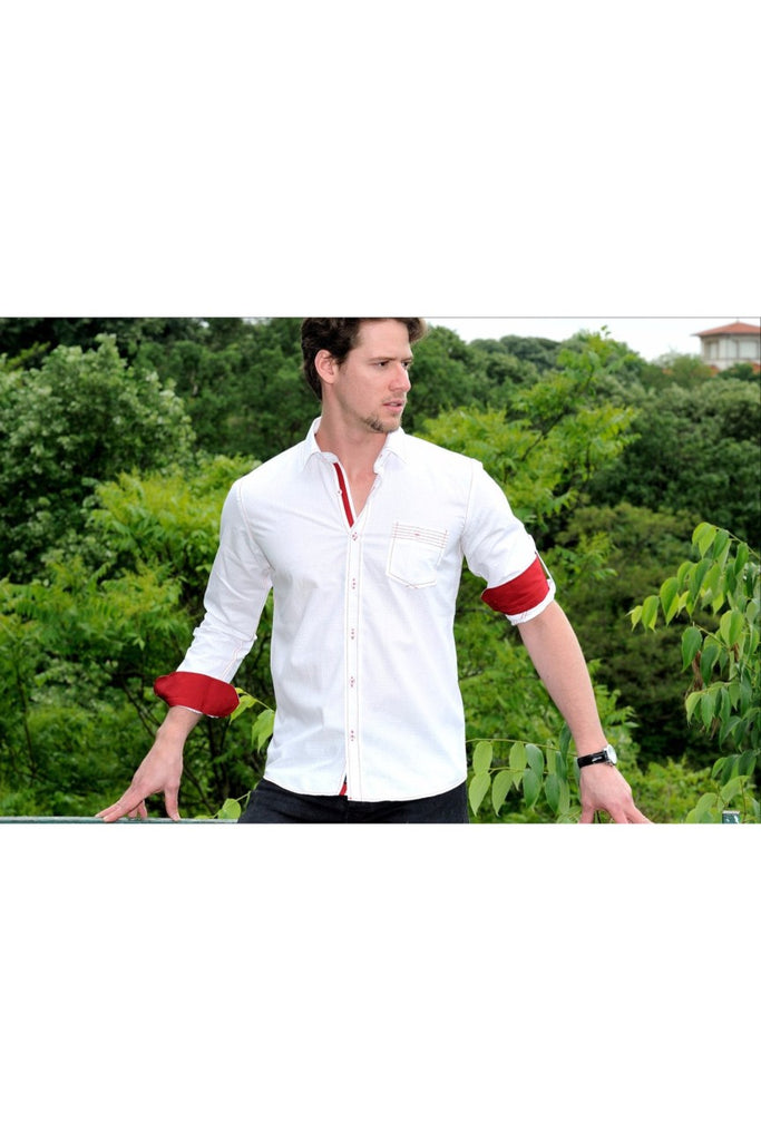 White Jacquard V Shirt W/Pocket Long Sleeve Button Down EightX   