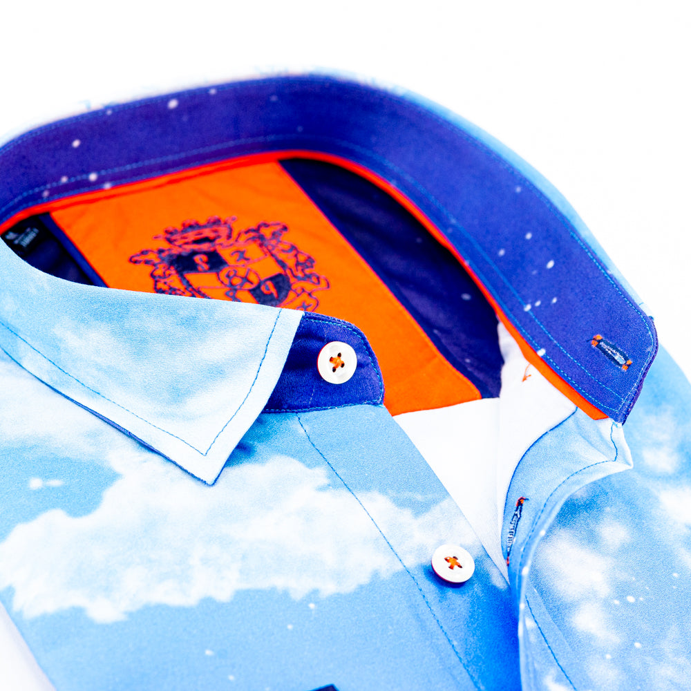 Blue Sky Print Button Down Shirt W/ Trim Long Sleeve Button Down EightX   
