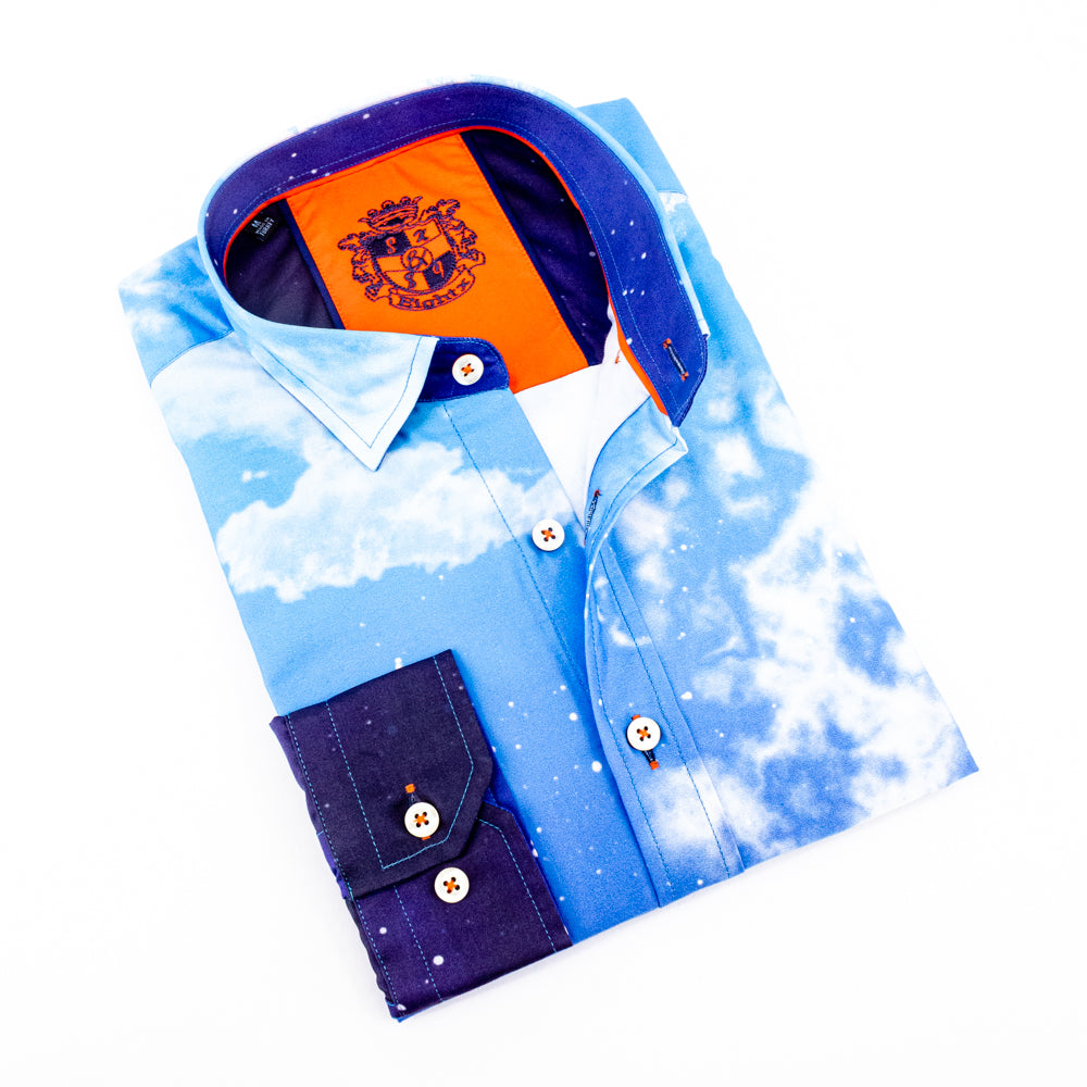 Blue Sky Print Button Down Shirt W/ Trim Long Sleeve Button Down EightX   