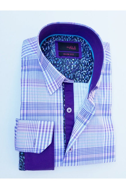 LILAC PLAID SHIRT W/ SOLID TRIM #M-916 Long Sleeve Button Down EightX   