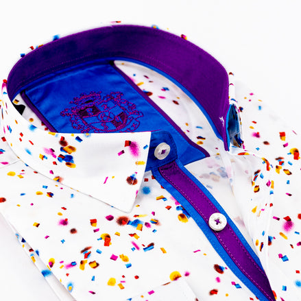 Confetti Button Down Print Shirt W/ Trim Long Sleeve Button Down EightX   