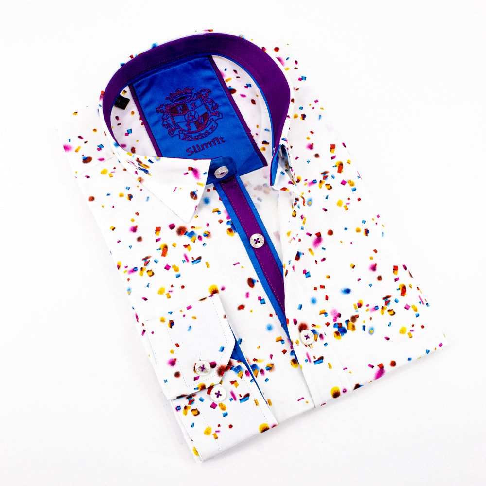 Confetti Button Down Print Shirt W/ Trim Long Sleeve Button Down EightX   