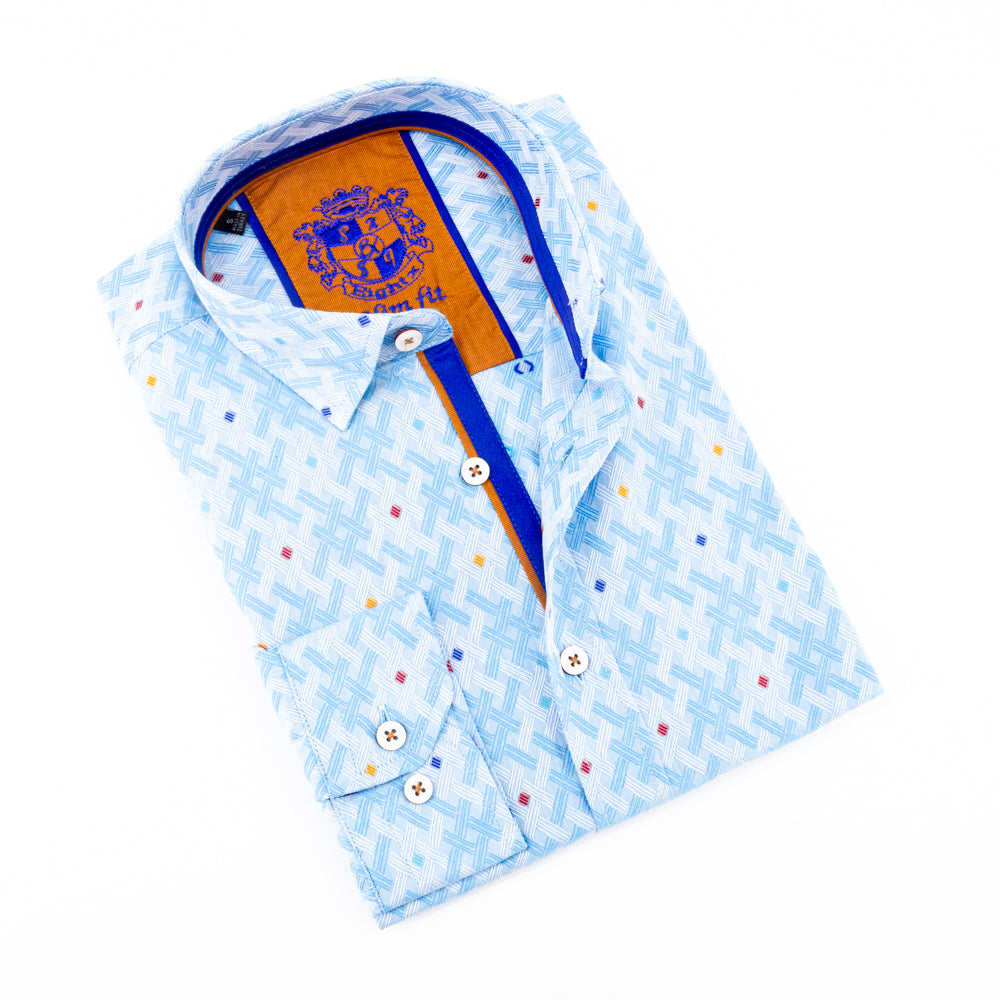 Blue Fill Coupe Button Down Jacquard Shirt W/ Accent Trim Long Sleeve Button Down EightX   