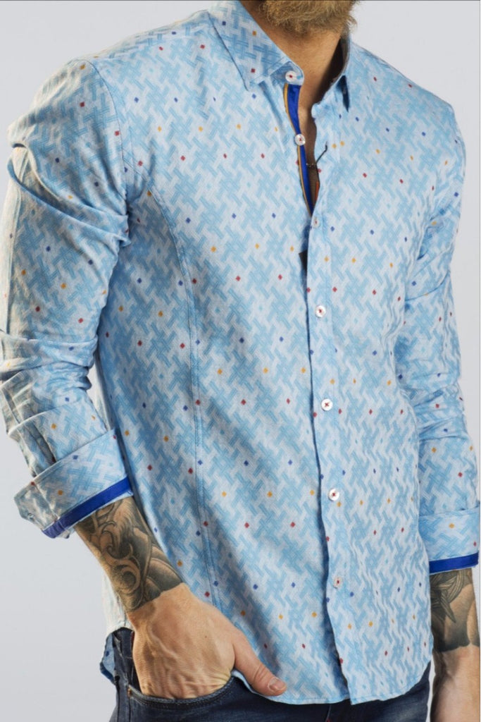 Blue Fill Coupe Button Down Jacquard Shirt W/ Accent Trim Long Sleeve Button Down EightX   