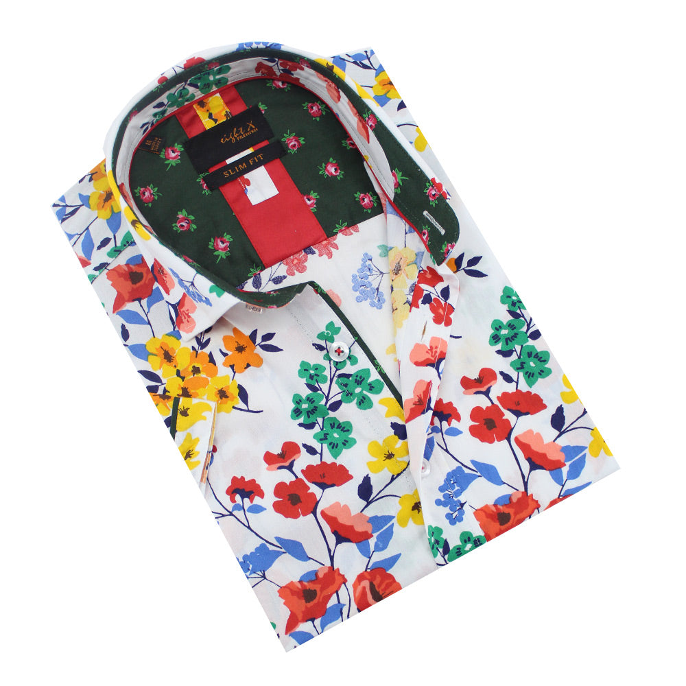 Folded, white slim-fit button up with multi-color impressionist floral print. 