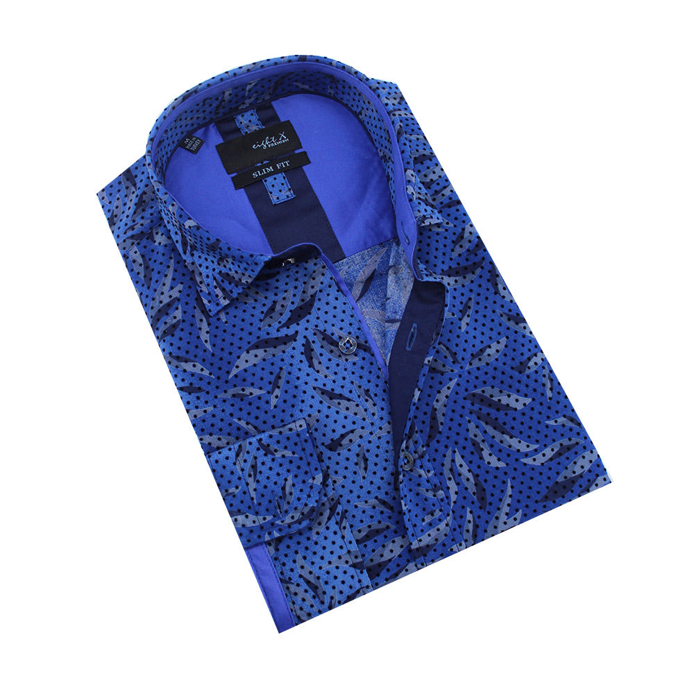 Folded royal-blue button up with leaf pattern and polka dot flocking.