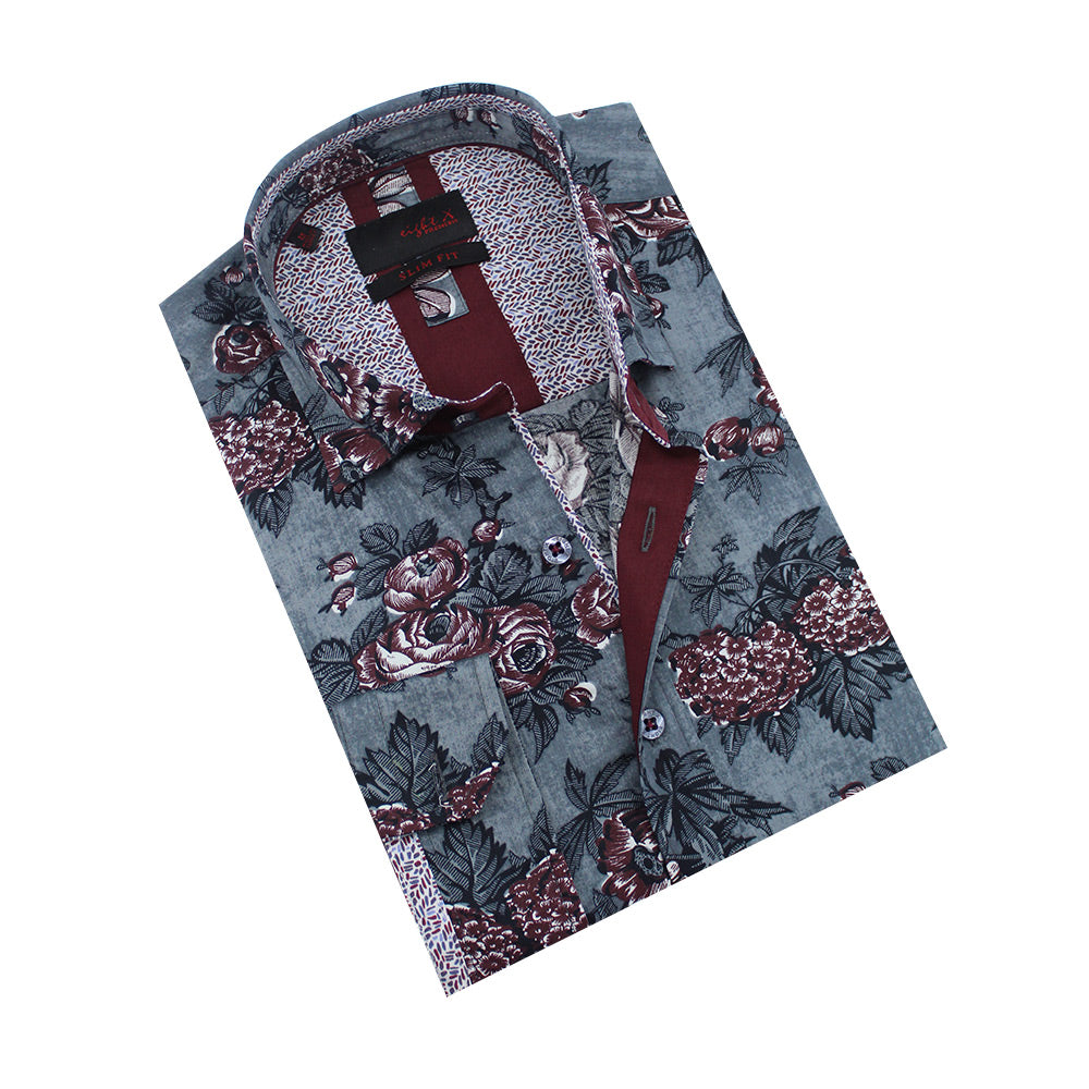 Folded gray button-up with oxblood floral print.