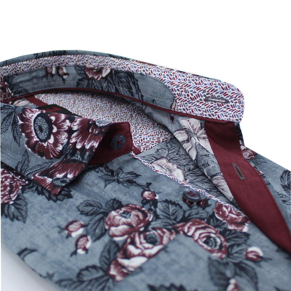 Close up of printed collar with oxblood trim.