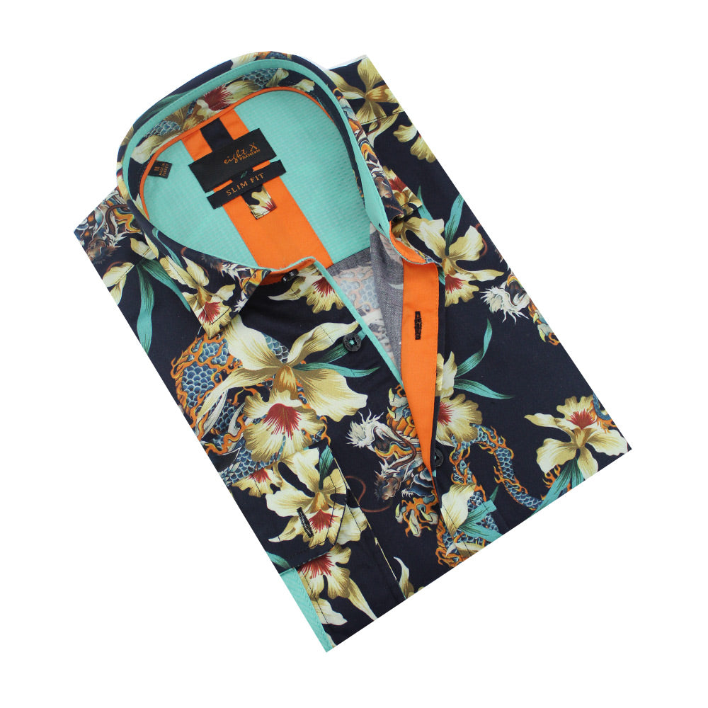 Folded black button-up with iris and dragon digital print and aqua front-yoke.