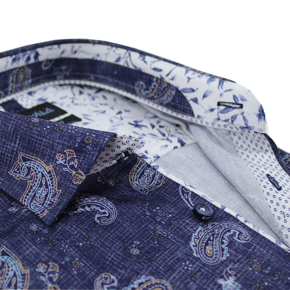 Close up of printed collar and patterned trim.