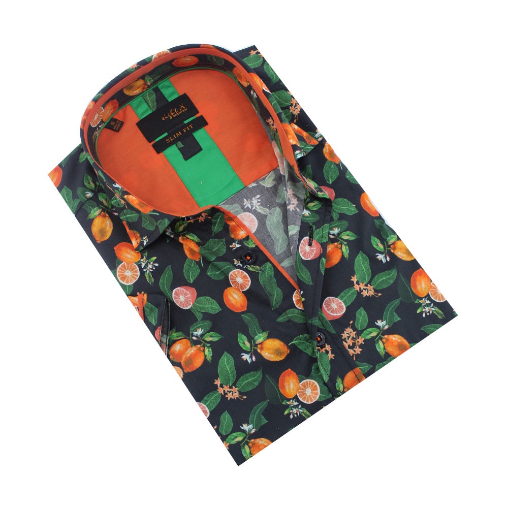 Folded, short-sleeve black button up with citrus print. 