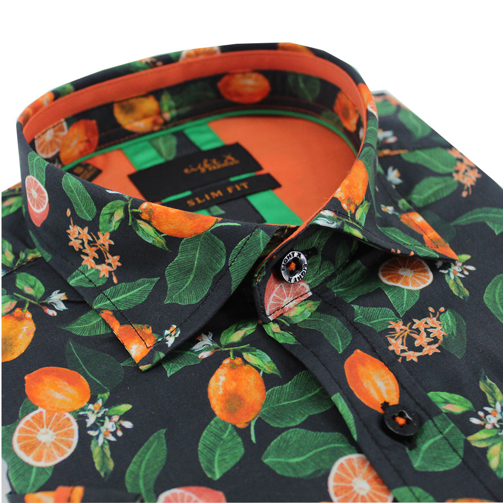 Close up of printed collar and orange trim.