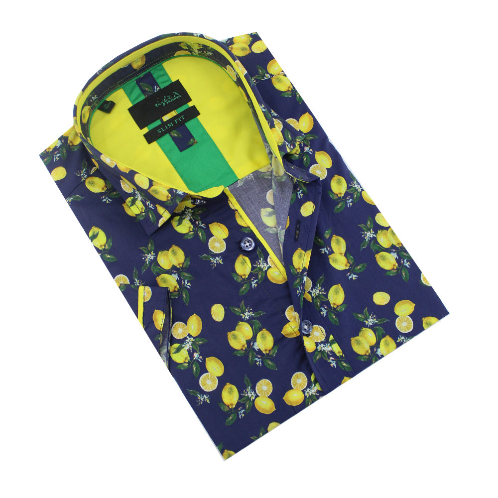 Folded navy-blue button-up with lemon print.