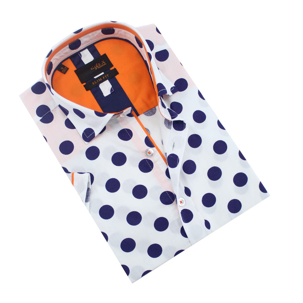Jet Blue Polka Dot Short Sleeve Shirt with Orange Trim Short Sleeve Button Down Eight-X WHITE S 