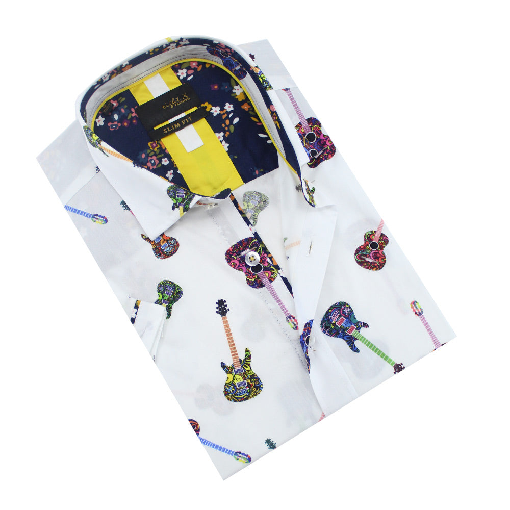 Folded short-sleeve white button-up with colorful guitar print.