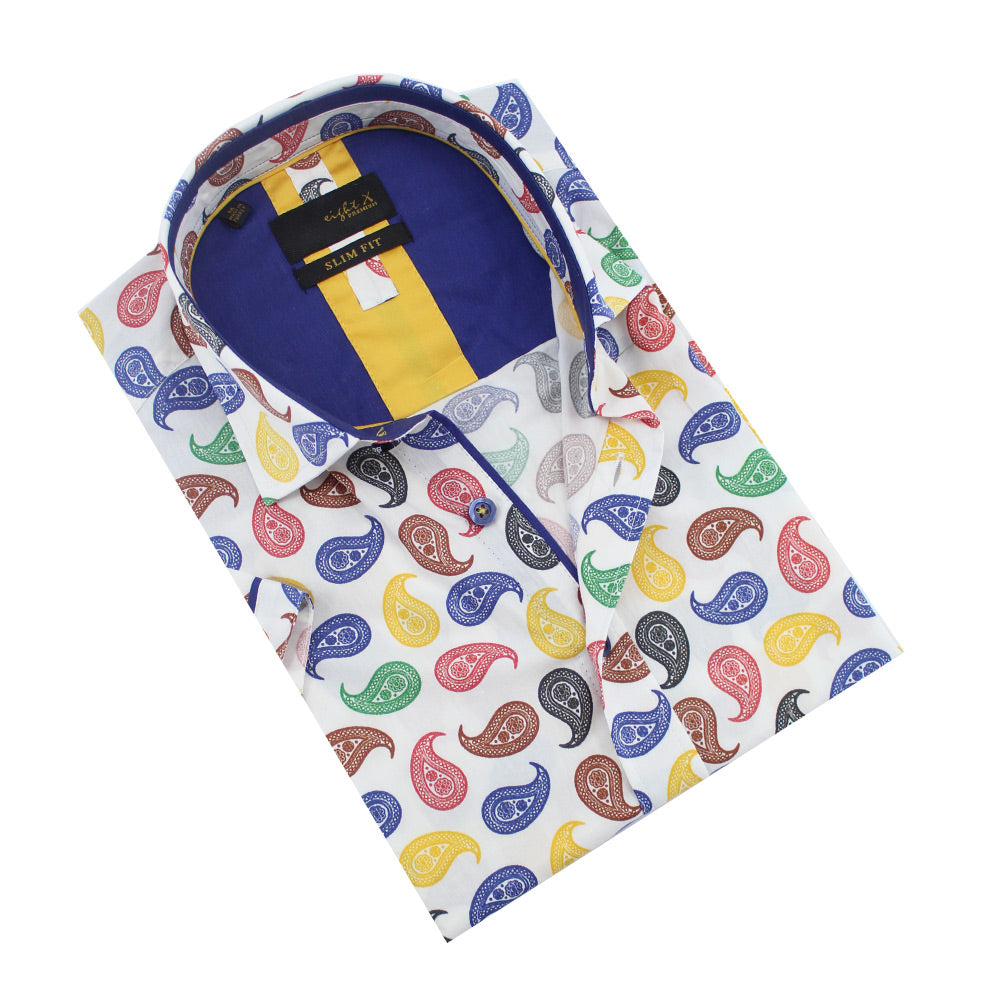 Folded short-sleeve white button-up with multi-color paisley print and navy front-yoke.
