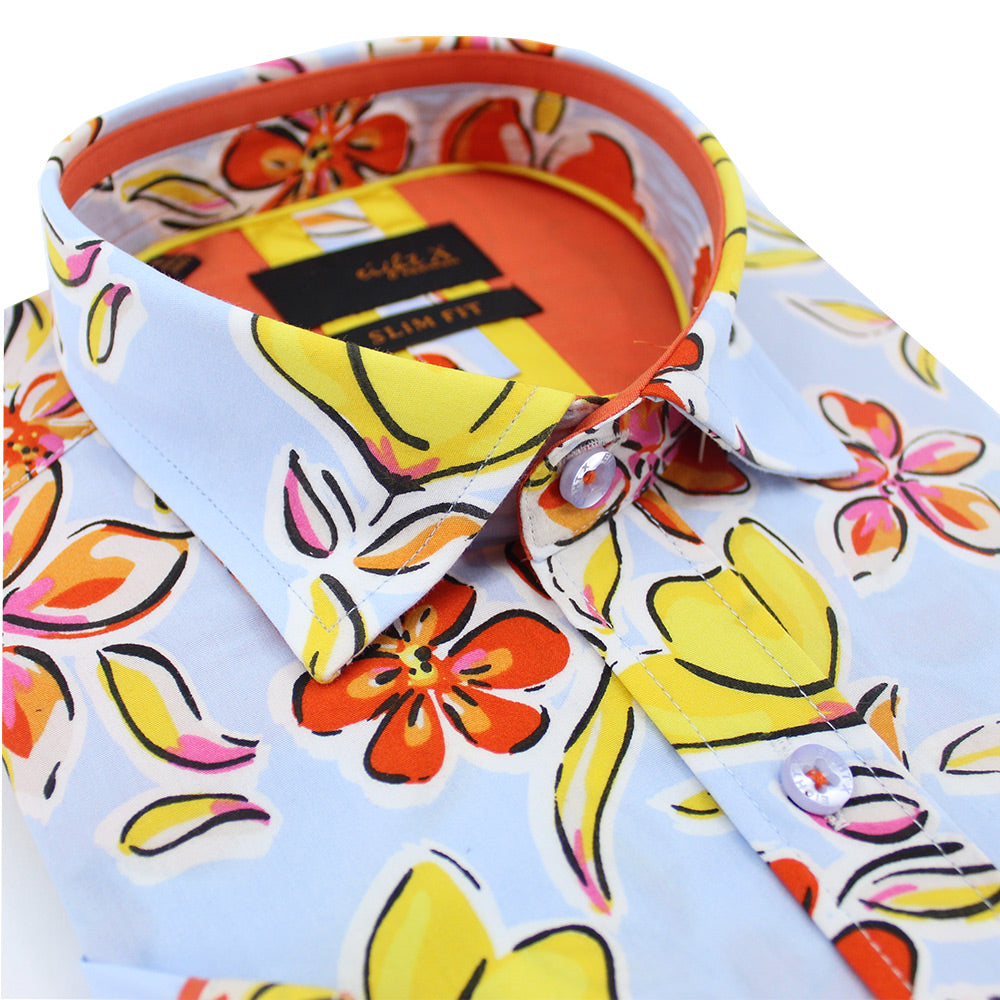 Detail of printed collar and bright orange trim.
