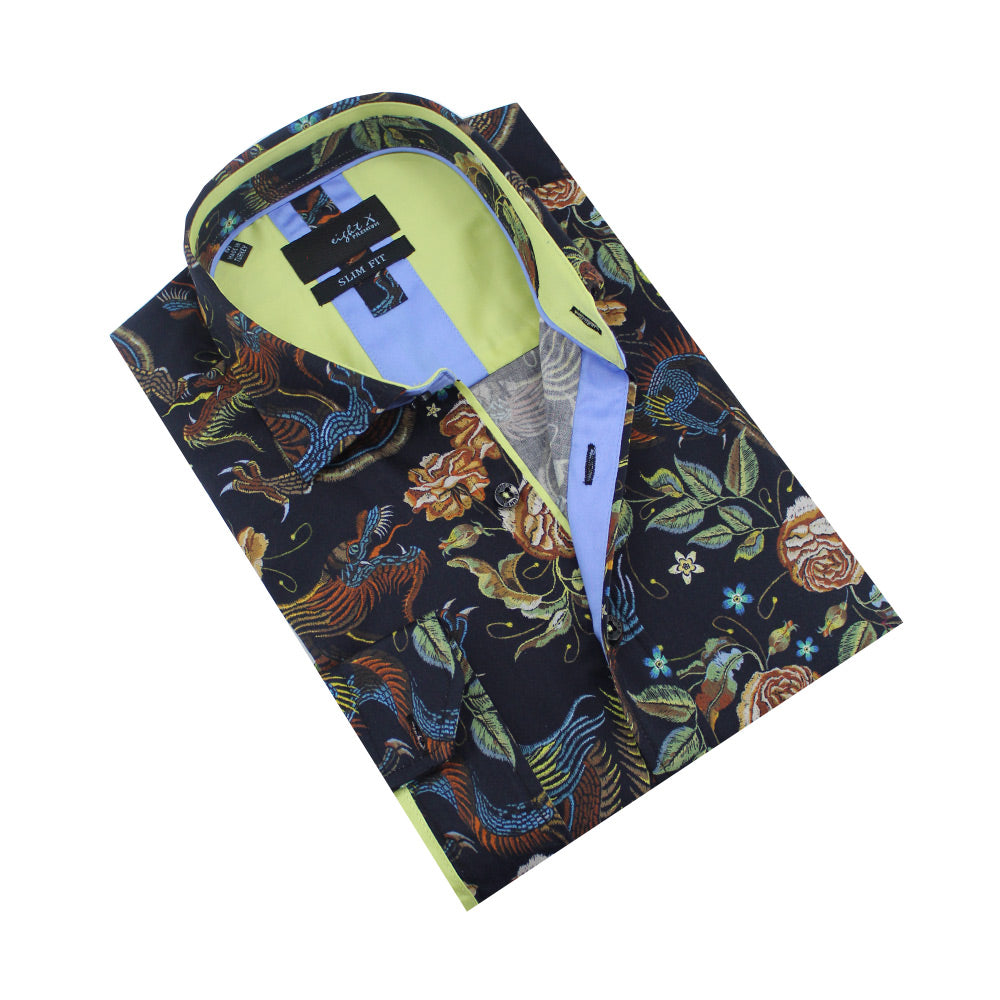 Black button-up with floral and dragon print.