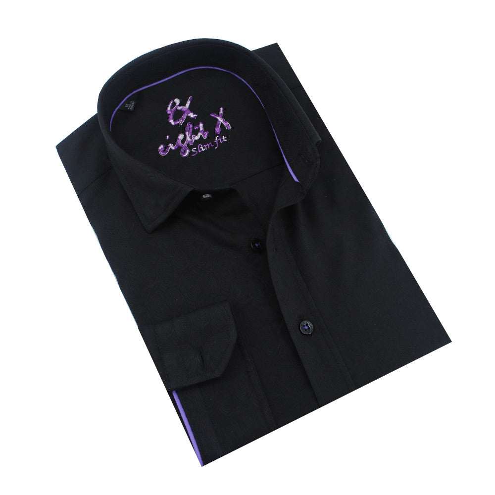 Folded black jacquard button-up with lilac trim.